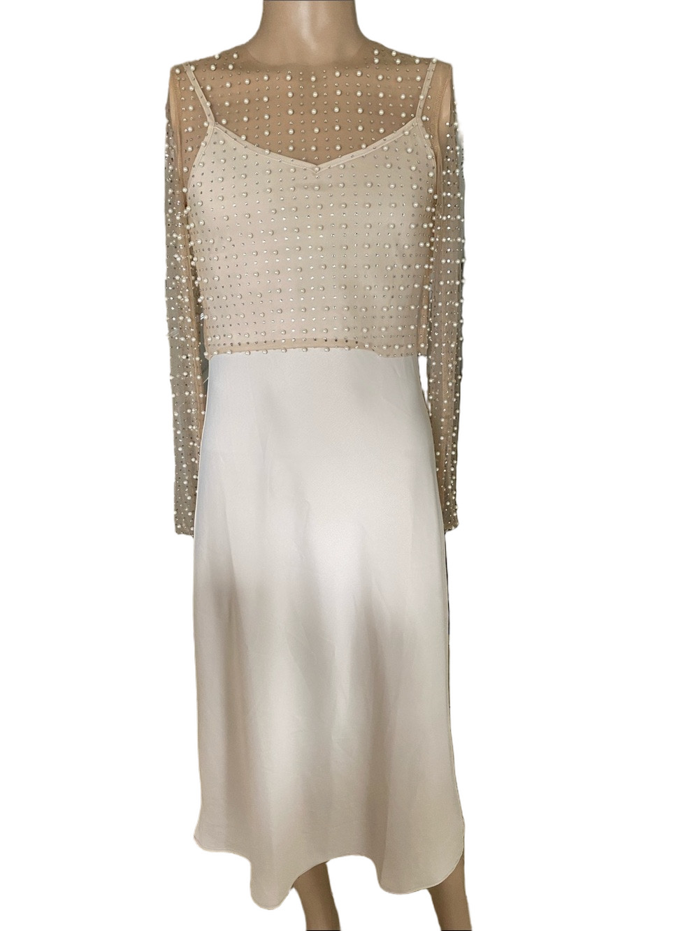 House of Harlow 1960 tan satin Pearl-Embellished Midi Dress